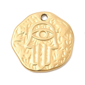 Текстурированные 304 подвески из нержавеющей стали, плоский круг с рукой хамса и сглазом, ионное покрытие (ip)