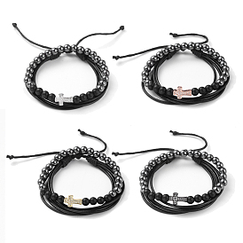 Stackable Bracelets Sets, with Non-Magnetic Synthetic Hematite & Natural Black Agate(Dyed) Beads, Cowhide Leather Cord, Brass Micro Pave Cubic Zirconia Beads and Burlap Bag, Cross
