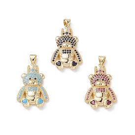 Brass Micro Pave Cubic Zirconia Pendants, Real 16K Gold Plated, Bear Charms