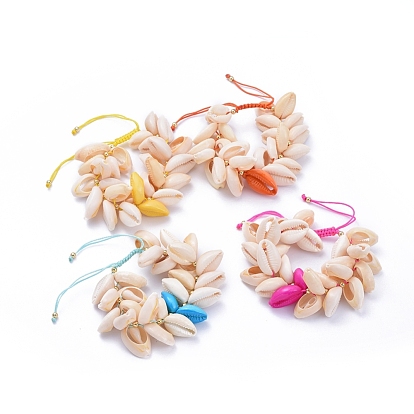 Pulseras de cordón trenzado de hilo de nylon ajustable, con cuentas de concha de cowrie natural y cuentas de latón, dorado