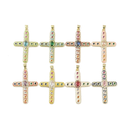 Real 18K Gold Plated Brass Micro Pave Cubic Zirconia Pendants, Cadmium Free & Nickel Free & Lead Free, with Glass and Enamel, Cross