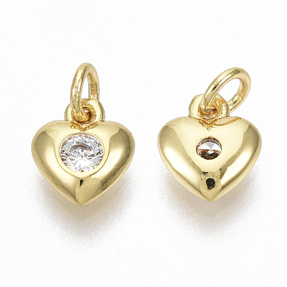 Brass Micro Pave Cubic Zirconia Charms, with Jump Ring, Nickel Free, Heart, Clear