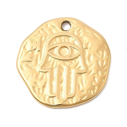 Текстурированные 304 подвески из нержавеющей стали, плоский круг с рукой хамса и сглазом, ионное покрытие (ip)