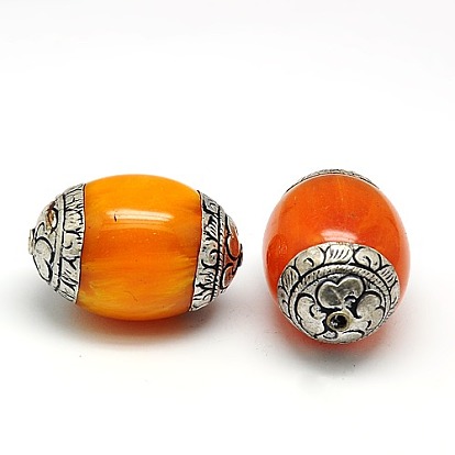 Handmade Tibetan Style Beads, Thailand 925 Sterling Silver with Turquoise or Beeswax, Barrel, Antique Silver