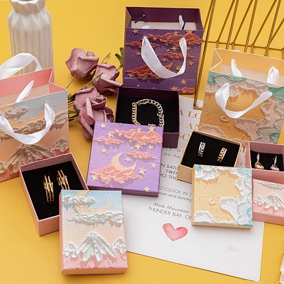 Caja de regalo de joyería de papel de pintura al óleo, Pendientes anillo pulsera collar embalaje caja de regalo para mujer