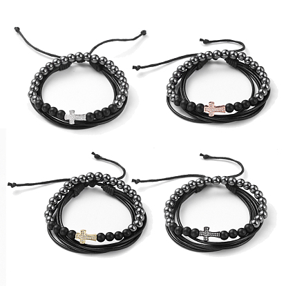 Stackable Bracelets Sets, with Non-Magnetic Synthetic Hematite & Natural Black Agate(Dyed) Beads, Cowhide Leather Cord, Brass Micro Pave Cubic Zirconia Beads and Burlap Bag, Cross