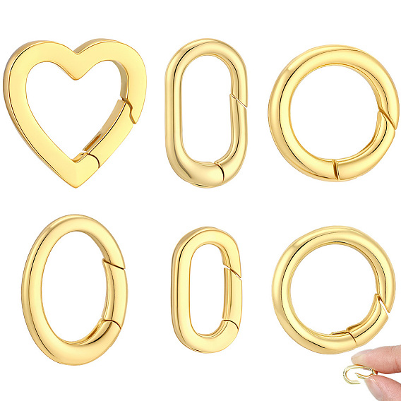 6Pcs 6 Styles Brass Spring Gate Rings, Cadmium Free & Lead Free, Long-Lasting Plated, Ring & Heart & Oval