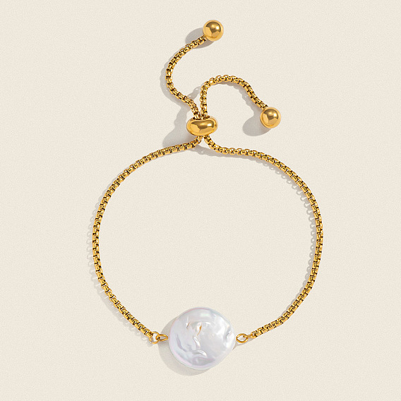 Элегантные регулируемые браслеты из нержавеющей стали с коробчатой цепочкой, барочные браслеты из жемчужных бусин для женщин, плоско-круглые