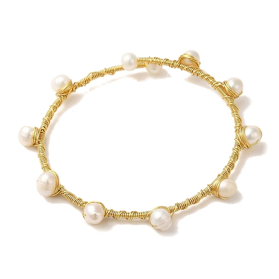 Natural Pearl Beaded Cuff Bangle, Brass Wire Wrapped Bangle