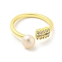 Brass Micro Pave Cubic Zirconia Rectangle Open Cuff Rings, with Natural Pearl