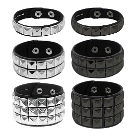 5шт 5 стили pu обернуть шнур браслеты набор, 304 панк-браслеты из нержавеющей стали с квадратными заклепками и железной застежкой для мужчин и женщин