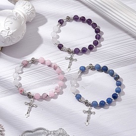 3шт. браслеты из натуральных смешанных драгоценных камней, с подвеской в виде креста из сплава для женщин