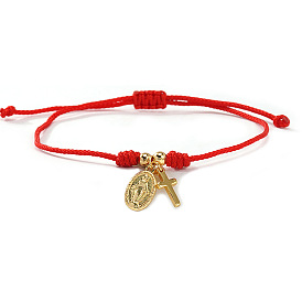 Adjustable Braided Nylon Red String Bracelets with Religion Brass Charms, Golden