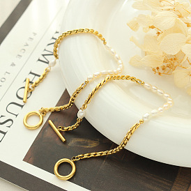 Hip-hop style titanium steel and 18K gold pearl OT bracelet.