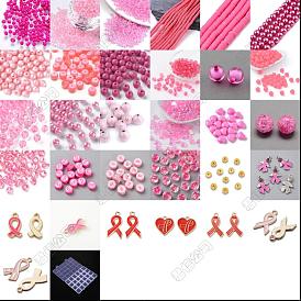 DIY Pink Ribbon Breast Cancer Awareness Theme Jewelry Making Finding Kit, Including Seed & Glass Pearl & Polymer Clay & Acrylic Heart & Rhinestone Spacer Beads, Alloy Enamel Pendants