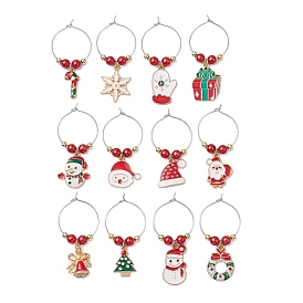 Christmas Alloy Enamel Wine Glass Charms, with Plastic Imitation Pearl Round Beads and Brass Wine Glass Charms Ring