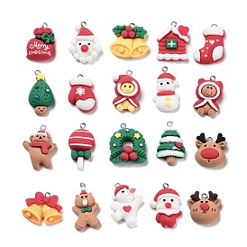 Christmas Theme Opaque Resin Pendants, Christmas Charms, Santa Claus/Holly Leaves/Snowman/Christmas Tree/Bell/Socking/Bear/Bag/Glove