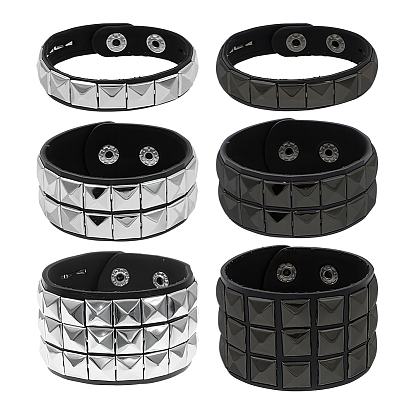 5шт 5 стили pu обернуть шнур браслеты набор, 304 панк-браслеты из нержавеющей стали с квадратными заклепками и железной застежкой для мужчин и женщин
