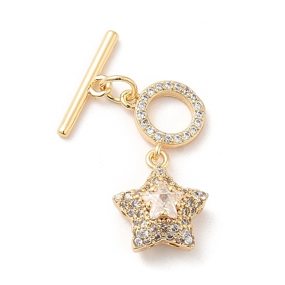 Brass Micro Pave Clear Cubic Zirconia Toggle Clasps, with Glass, Star