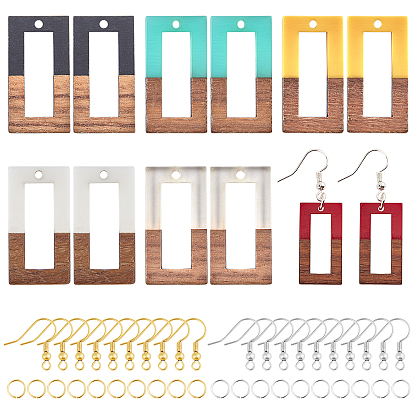 DIY Dangle Earring Making Kits, with Resin & Wood Pendants, Brass Earring Hooks & Jump Rings, Rectangle
