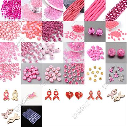 DIY Pink Ribbon Breast Cancer Awareness Theme Jewelry Making Finding Kit, Including Seed & Glass Pearl & Polymer Clay & Acrylic Heart & Rhinestone Spacer Beads, Alloy Enamel Pendants