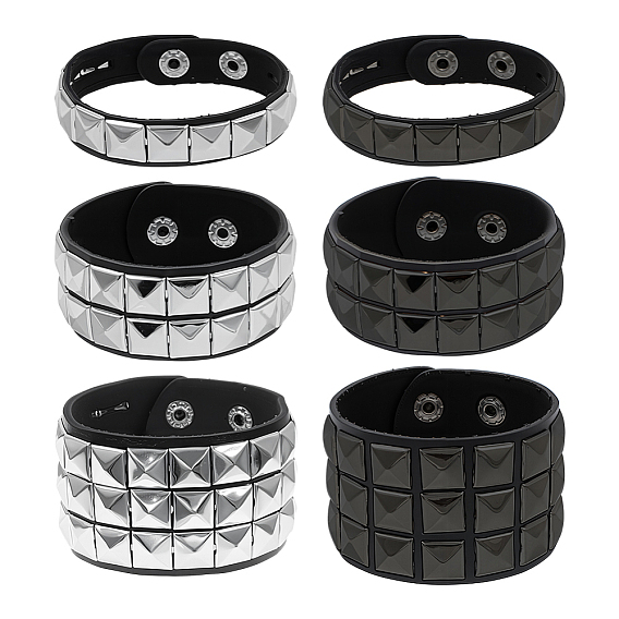 5шт 5 стили pu обернуть шнур браслеты набор, 304 панк-браслеты из нержавеющей стали с квадратными заклепками и железной застежкой для мужчин и женщин