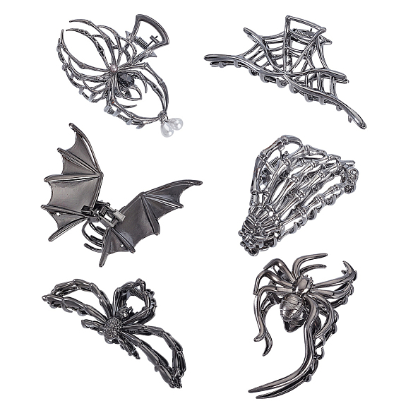 6 шт. 6 стили заколки-краб из цинкового сплава для волос на Хэллоуин для женщин и девочек с густыми волосами, металлический черный 