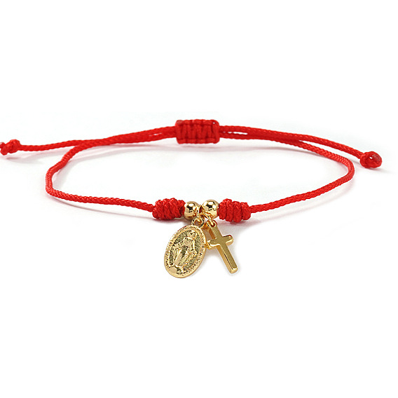 Adjustable Braided Nylon Red String Bracelets with Religion Brass Charms, Golden