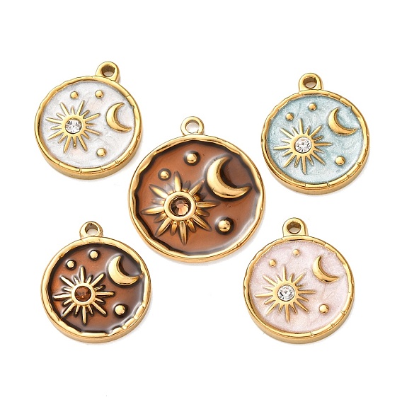 304 подвески из нержавеющей стали, с эмалью и горный хрусталь, плоские круглые подвески и подвески в виде солнца и луны, реальный 18 k позолоченный, ионное покрытие (ip)