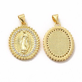 Rack Plating Brass Micro Pave Cubic Zirconia Charms, Cadmium Free & Lead Free, Real 18K Gold Plated, Long-Lasting Plated, Oval with Virgin Mary Pattern Charm