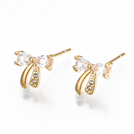 Brass Stud Earrings, with Clear Cubic Zirconia, Nickel Free, Bowknot