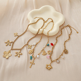 304 Stainless Steel Flower Religion Cross Multi Pendant Necklaces for Women, with Synthetic Turquoise Beads, Golden