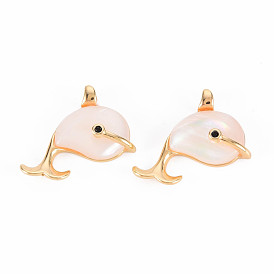 Brass Micro Pave Clear Cubic Zirconia Pendants, with Freshwater Shell, Nickel Free, Dolphin