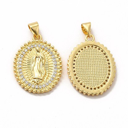 Râtelage en laiton micro-pavé de zircones cubiques, sans cadmium et sans plomb, réel 18 k plaqué or, plaqué longue durée, ovale avec breloque motif vierge marie