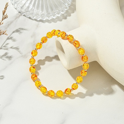 Resin Imitation Amber Round Beaded Stretch Bracelets, Golden