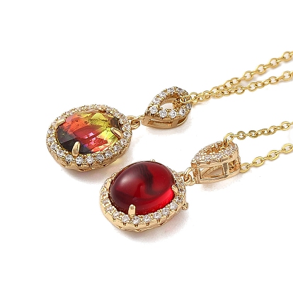 Brass Micro Pave Cubic Zirconia Pendant Necklaces,  Glass Jewelry for Women, 201 Stainless Steel Cable Chain Necklaces
