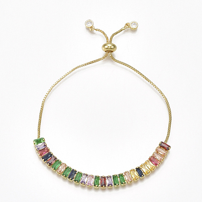 Adjustable Brass Cubic Zirconia Slider Bracelets, Bolo Bracelets, with Box Chains, Colorful