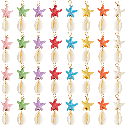 40 шт. подвески из синтетической бирюзы и натуральной ракушки каури в виде морской звезды, с немагнитными синтетическими гематитовыми бусинами и петлями из медной проволоки, золотые