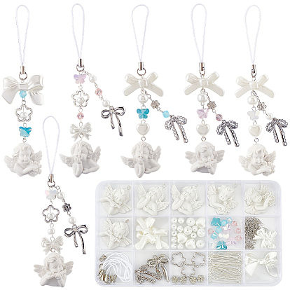 Набор для самостоятельного изготовления ремней для мобильного телефона с бантом в виде ангела, включая подвески из смолы, стеклянные и пластиковые бусины, Рамки для бусин из сплава , латунные витой цепочки