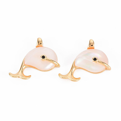 Brass Micro Pave Clear Cubic Zirconia Pendants, with Freshwater Shell, Nickel Free, Dolphin
