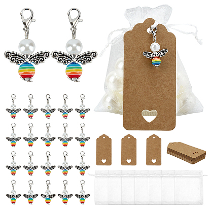 Подвесные украшения из сплава, стекла, жемчуга и смолы в виде ангела, с мешочками из органзы и бумажными подарочными бирками