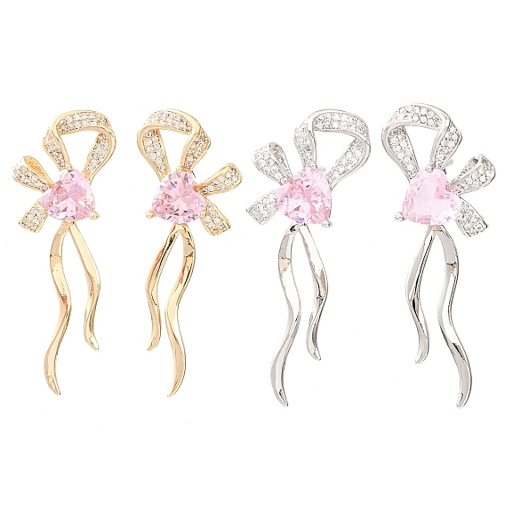 Brass Micro Pave Cubic Zirconia Stud Earrings for Women, Bowknot with Heart