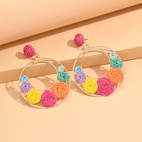 Alloy & Raffia Grass Woven Flower Dangle Stud Earring for Women, Round