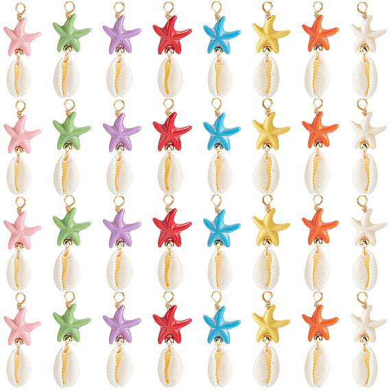 40 шт. подвески из синтетической бирюзы и натуральной ракушки каури в виде морской звезды, с немагнитными синтетическими гематитовыми бусинами и петлями из медной проволоки, золотые