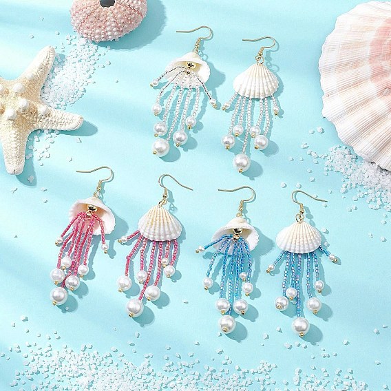 3пары подвесных сережек из стекла, натуральной ракушки и немагнитного синтетического гематита, серьги-кисточки из бисера ручной работы, форма капли и ракушки, с имитацией жемчуга