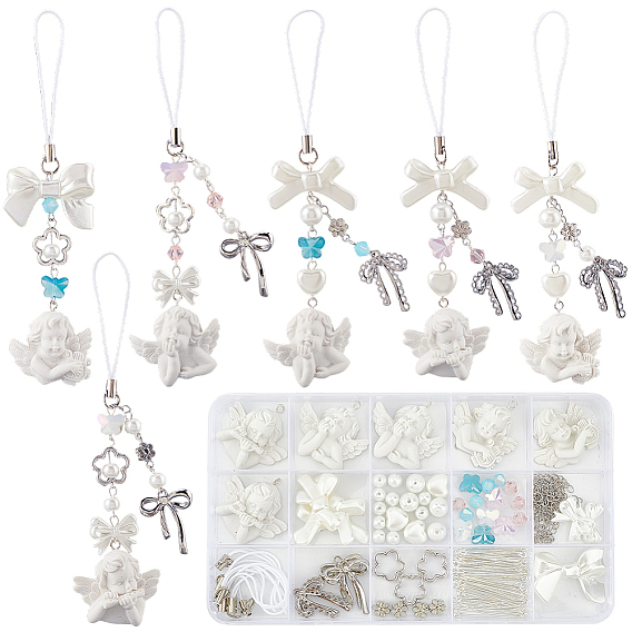 Набор для самостоятельного изготовления ремней для мобильного телефона с бантом в виде ангела, включая подвески из смолы, стеклянные и пластиковые бусины, Рамки для бусин из сплава , латунные витой цепочки