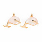 Brass Micro Pave Clear Cubic Zirconia Pendants, with Freshwater Shell, Nickel Free, Dolphin