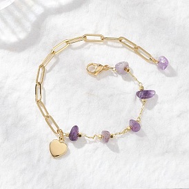 Браслеты из цепочек с бусинами из натуральных драгоценных камней и латунными скрепками, латунь сердца шарм браслеты для женщин