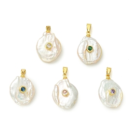 Natural Keshi Pearl Pendants, Coin Charms with Brass Micro Pave Cubic Zirconia, with 304 Stainless Steel Snap on Bails, Golden, Floral White
