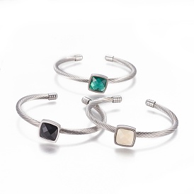304 Stainless Steel Cuff Bangles, with Acrylic Rhinestone, Square, Faceted